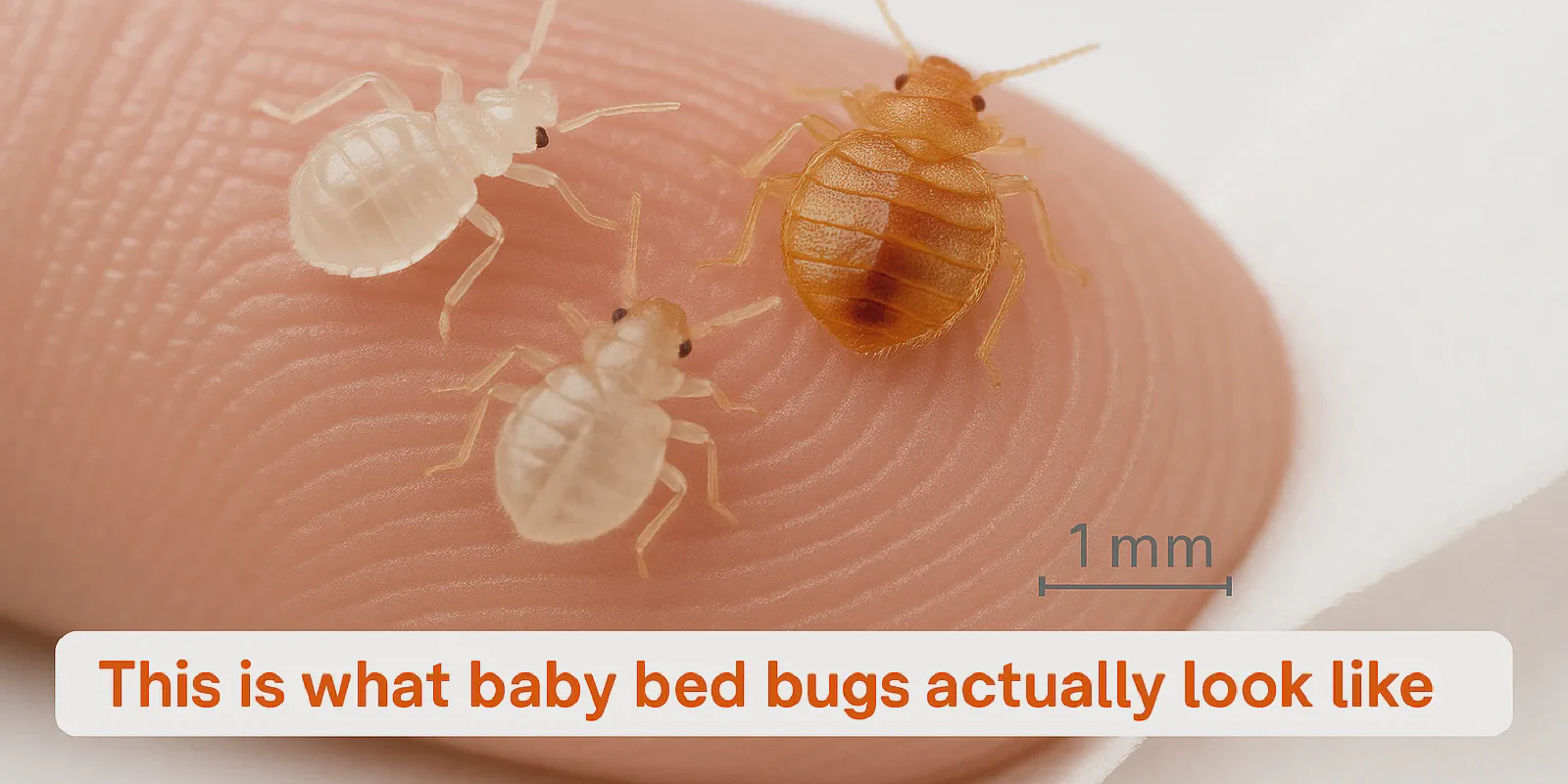 Close-up comparison showing baby bed bugs next to adult bed bugs for size reference