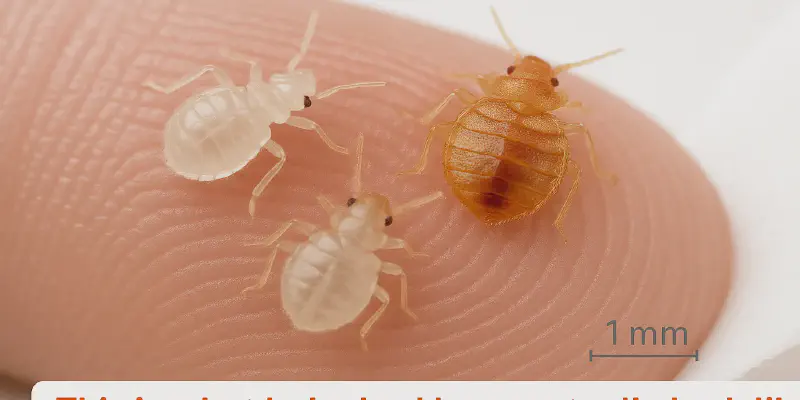 Close-up comparison showing baby bed bugs next to adult bed bugs for size reference