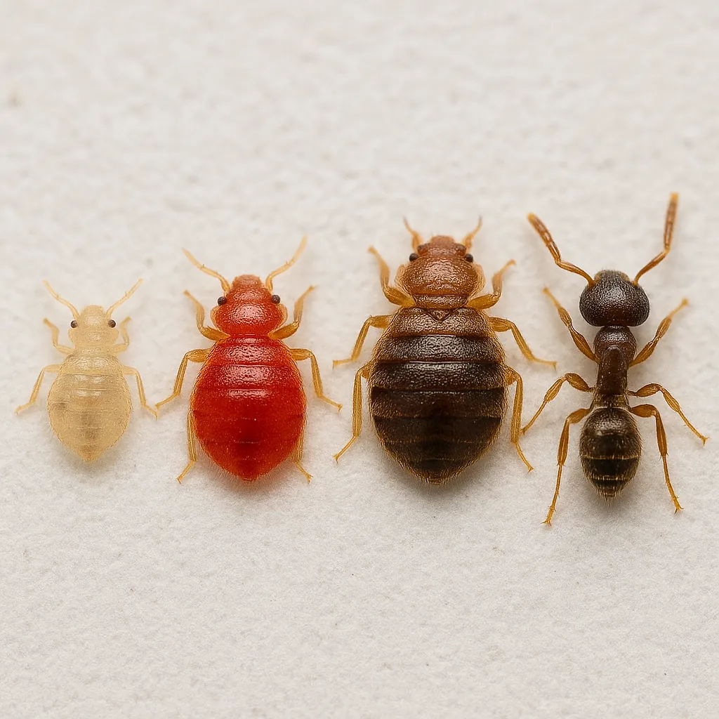 Macro comparison showing size and color progression of bed bug nymphs from translucent to red to brown, next to a pavement ant for scale