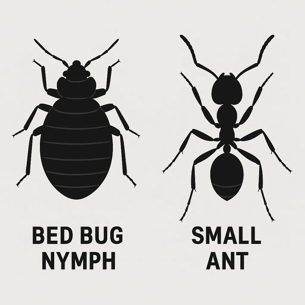 Illustration comparing silhouette of bed bug nymph (oval unsegmented body) vs small ant (three distinct segments with narrow waist)
