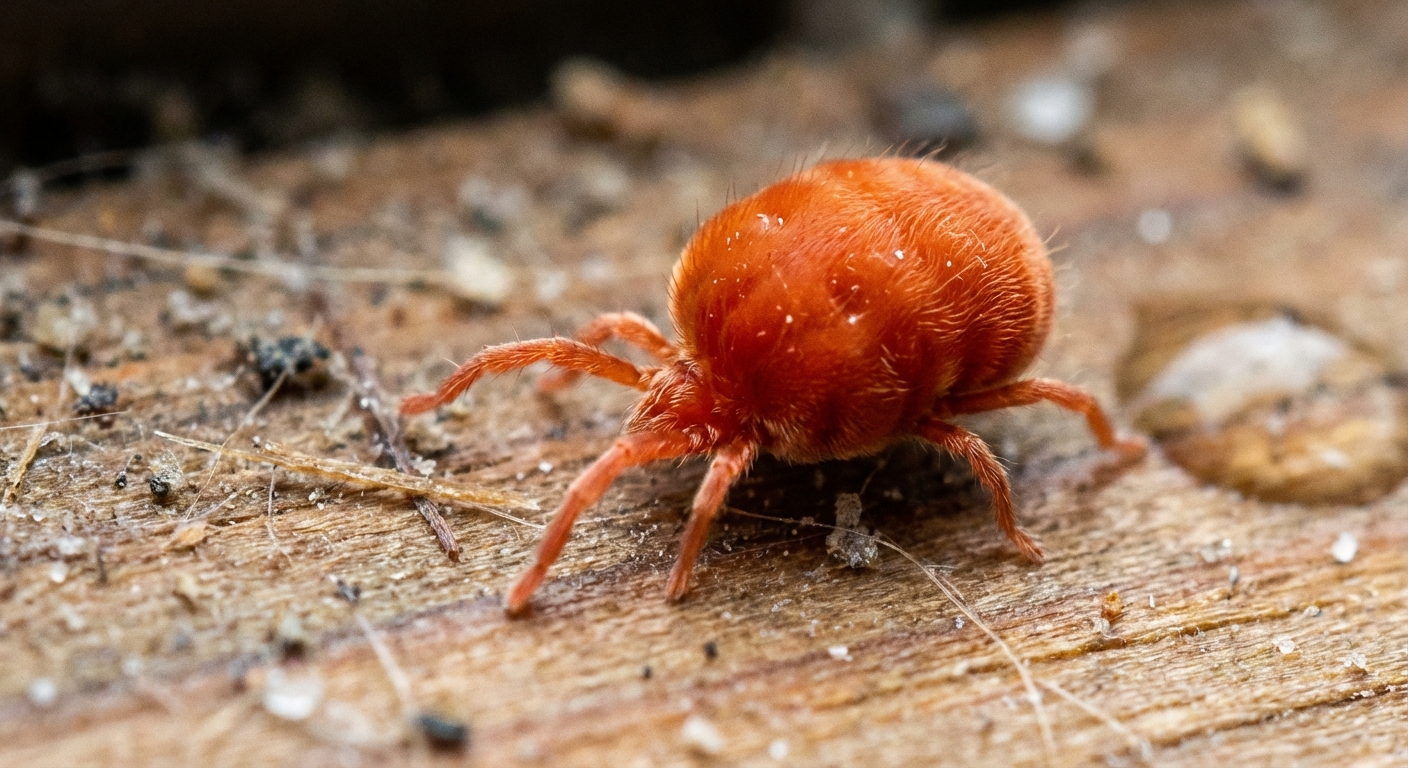 Macro shot of a tiny round orange-red clover mite