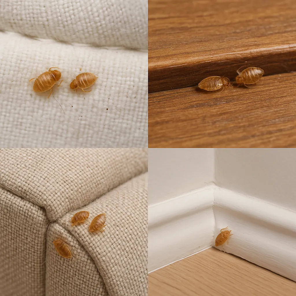 Realistic composite showing bed bug shells on mattress seams, wood furniture, upholstered fabric, and baseboards to help users recognize evidence of infestation.