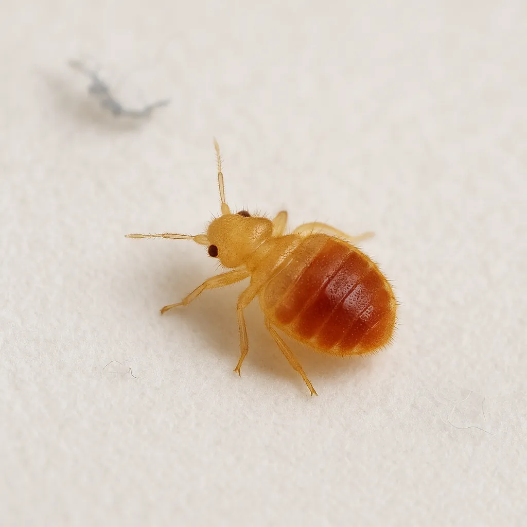 Close-up image of baby bed bug nymph on a light surface — translucent or reddish-brown, flat oval shape, used to show real appearance for identification.