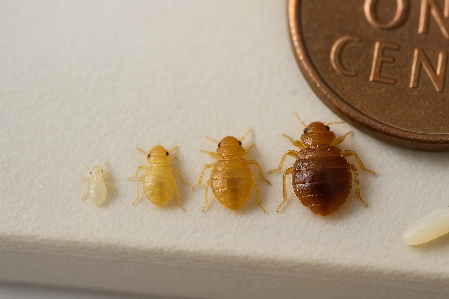 Realistic image showing three baby bed bug nymphs at different sizes, from 1.5mm to 4.5mm, representing infestation progression stages.