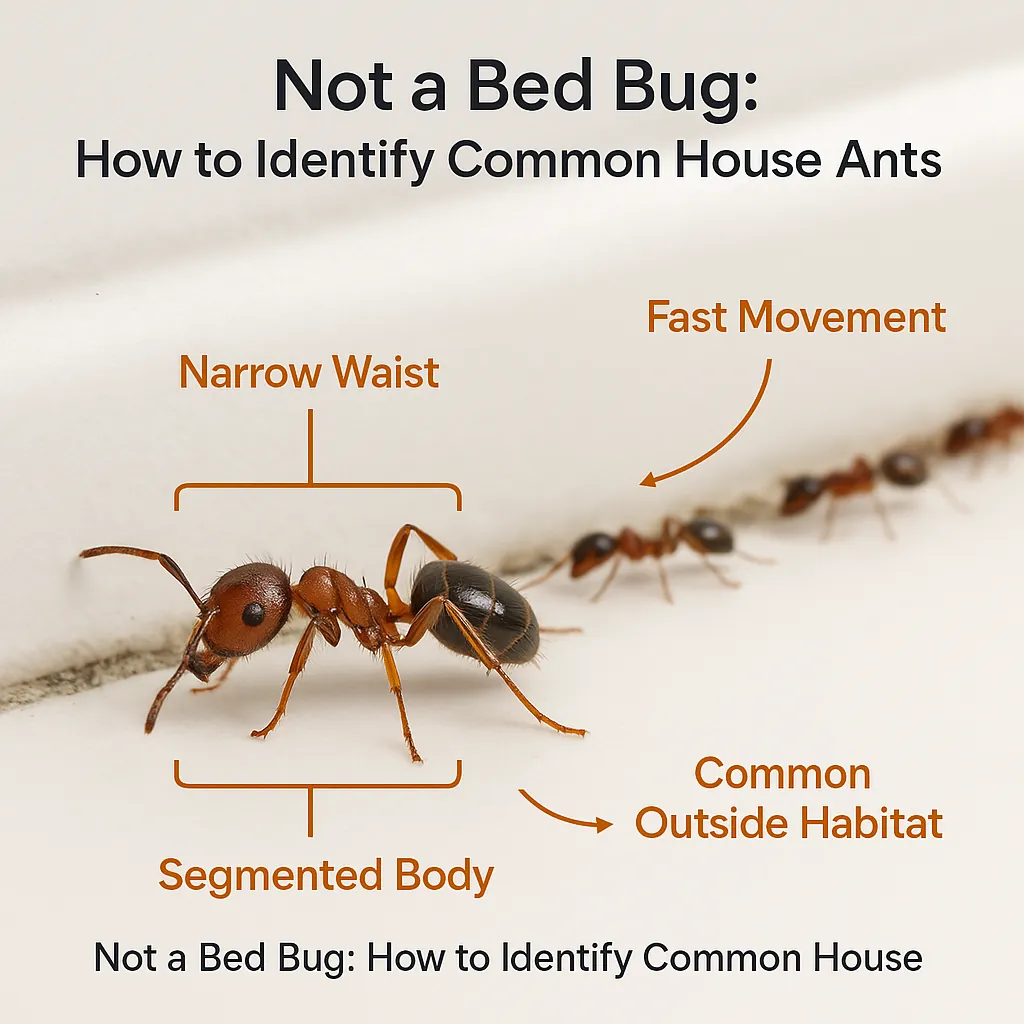 Photorealistic macro image of a common household ant on a white background, clearly showing segmented body, narrow waist, and fast movement. Helps illustrate key differences between ants and bed bugs.
