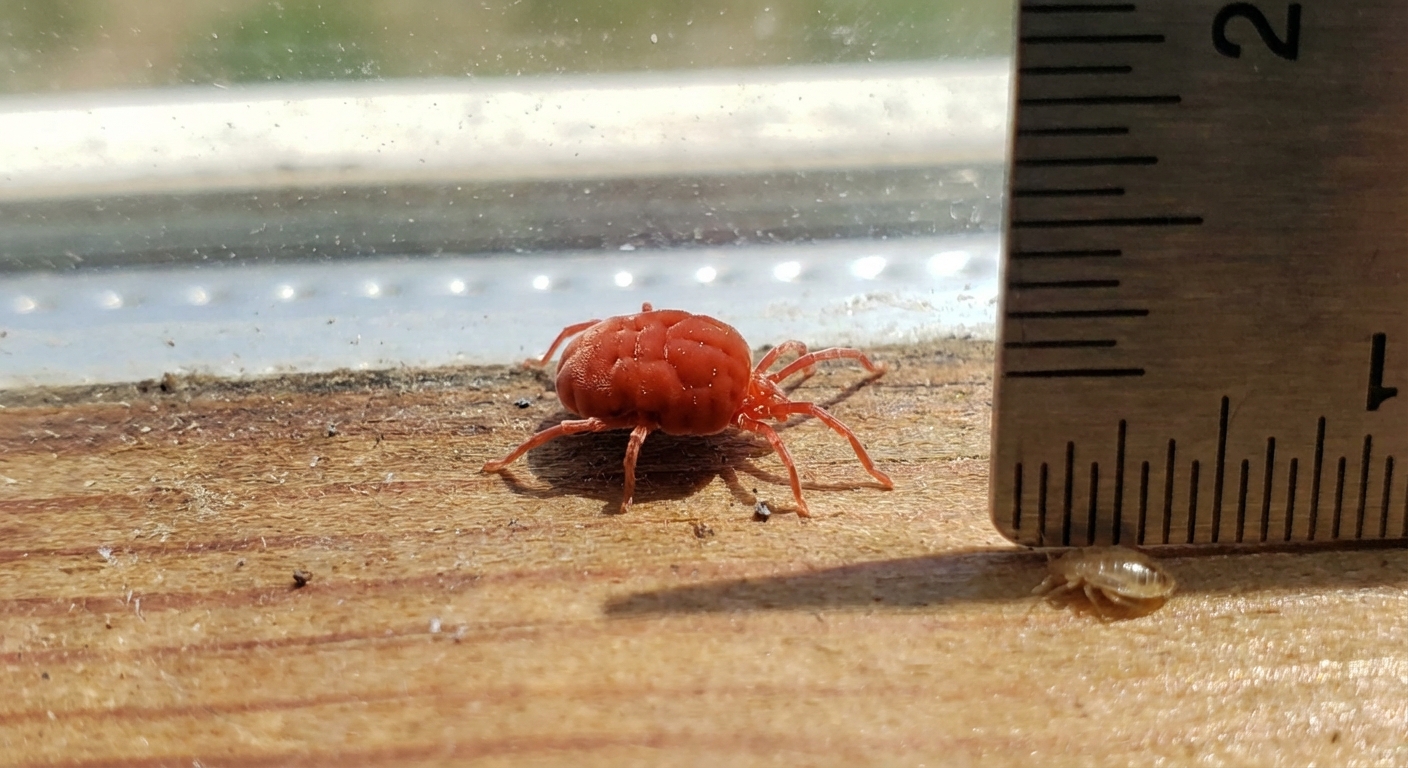 Tiny round red clover mite often mistaken for a bed bug