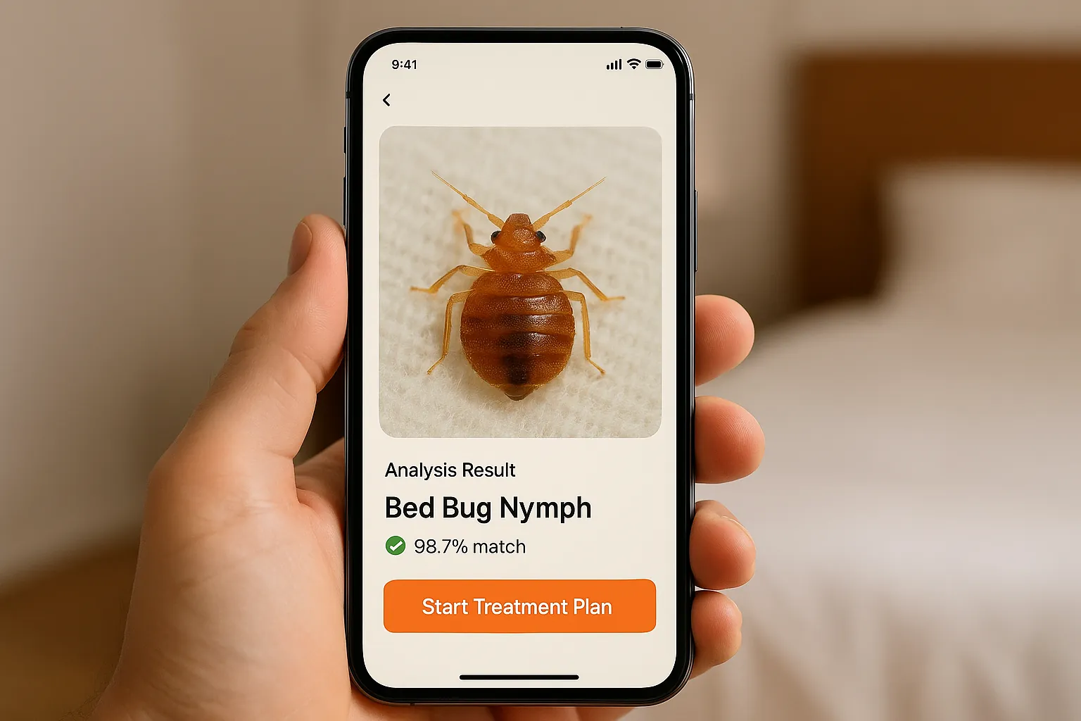 Smartphone showing AI bed bug identification with confidence score — macro photo of insect analyzed instantly with labeled result and treatment option.