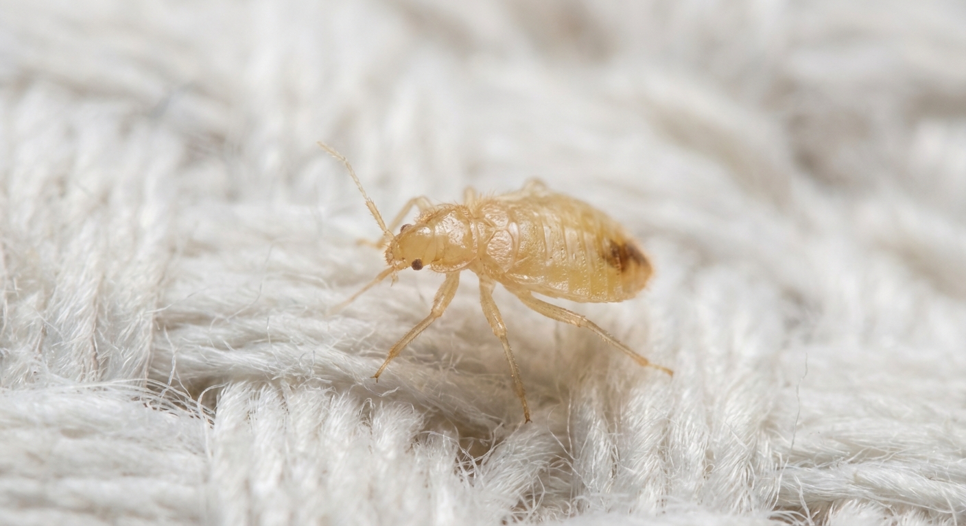 Nearly transparent first-instar bed bug nymph on a mattress