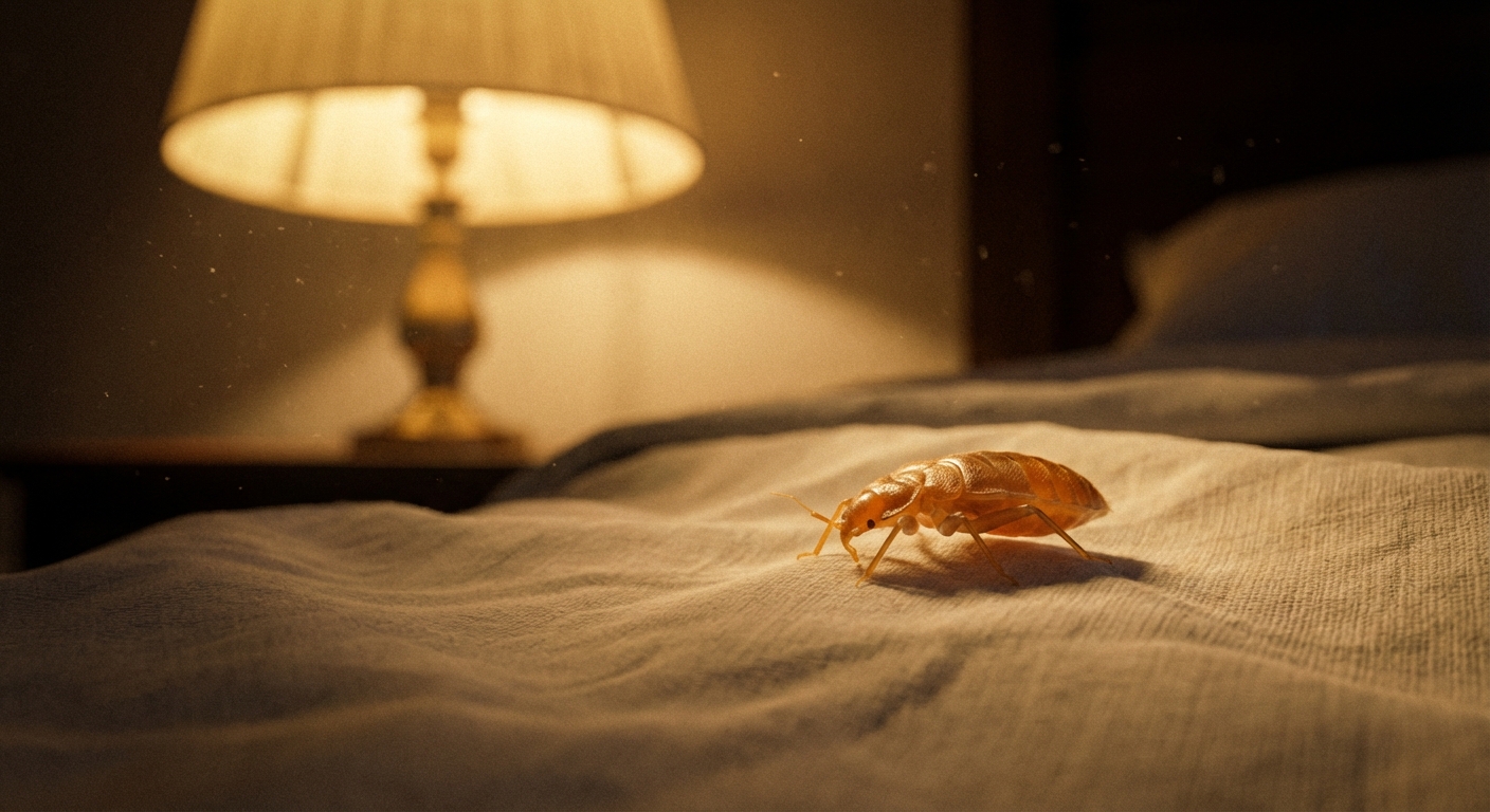 A tan bed bug nymph appearing orange under warm bedside lamp lighting