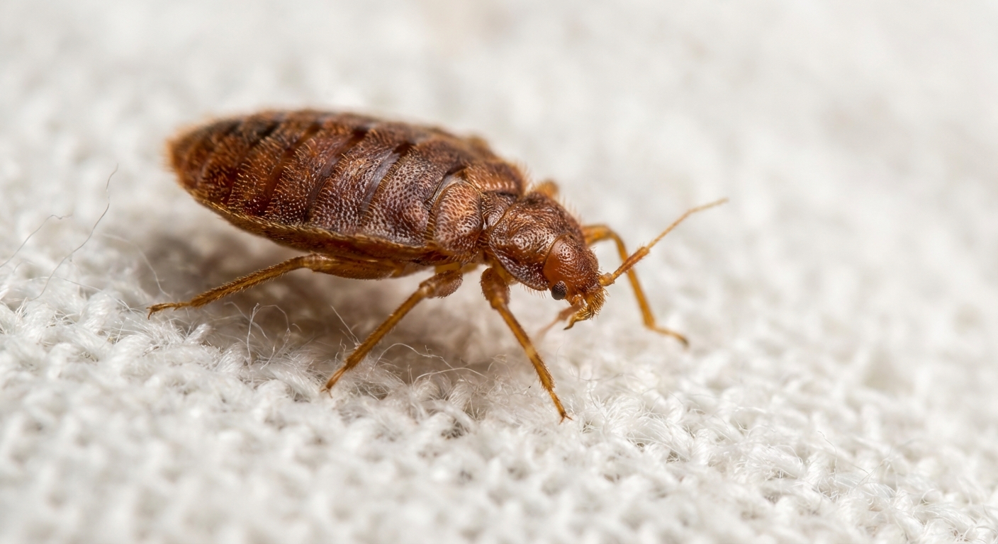 Adult bed bug showing reddish-brown color on white cotton bedding