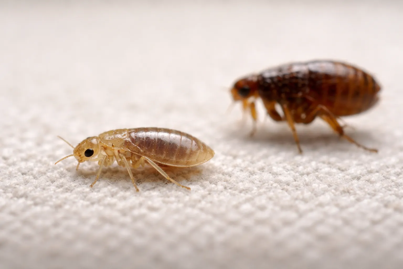 Macro view highlighting flat bed bug nymph body versus laterally flattened flea