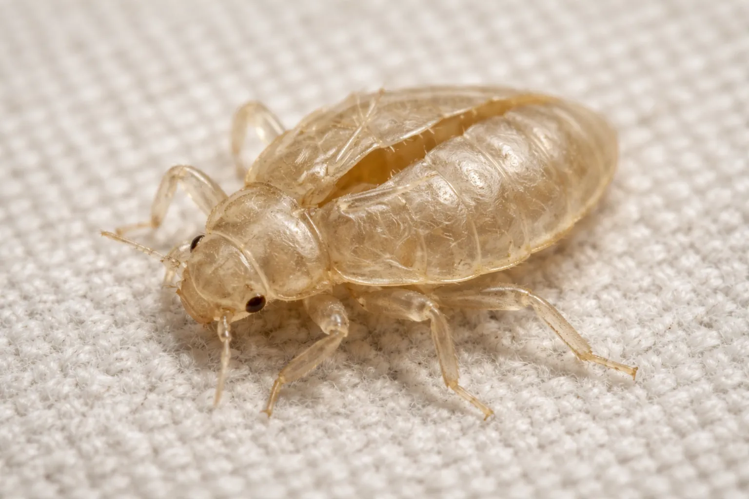 Single bed bug shell showing the split along the back and segmented abdomen