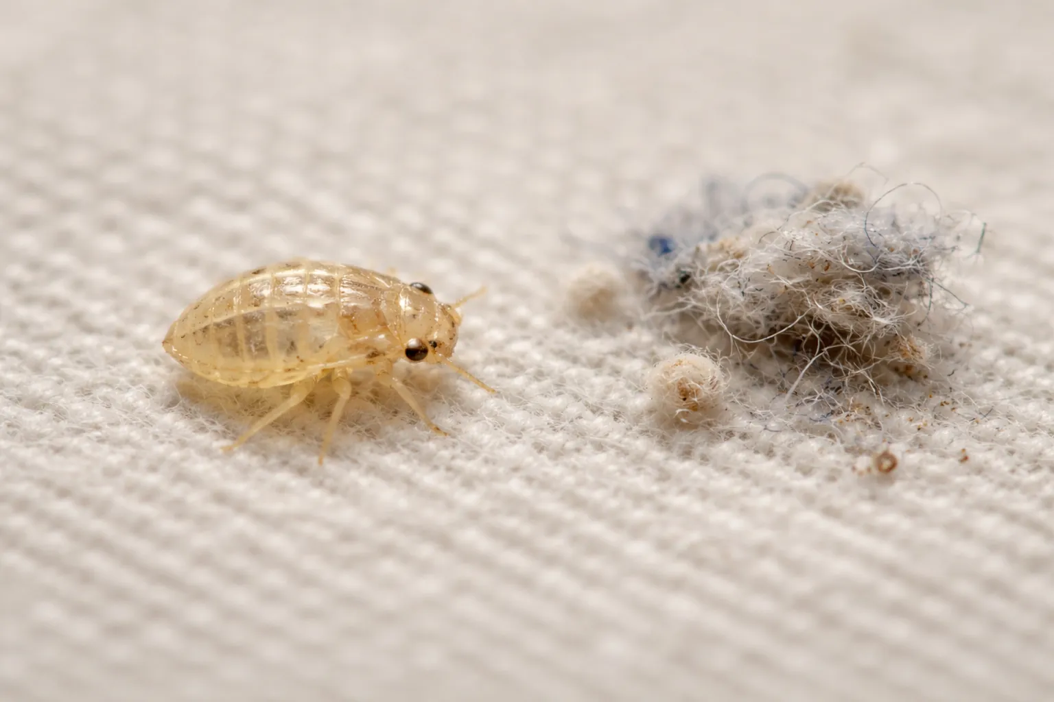 Bed bug shell beside lint and dust to show the clear insect outline difference
