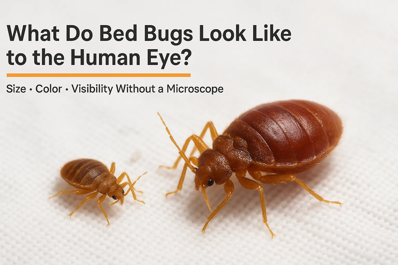 [Photorealistic close-up of adult and nymph bed bugs on a white bedsheet, showing what bed bugs look like to the human eye in size, color, and visibility. Designed to help identify a real bed bug infestation without magnification.]