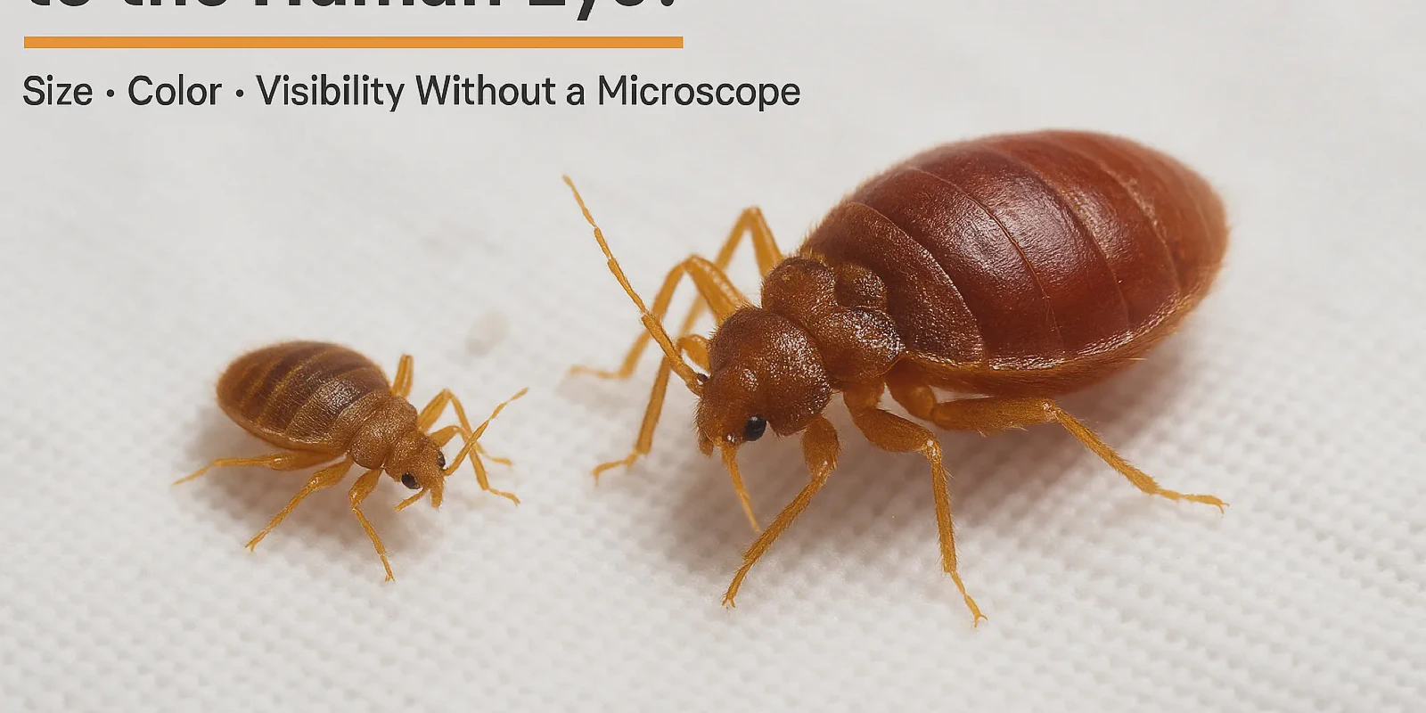 [Photorealistic close-up of adult and nymph bed bugs on a white bedsheet, showing what bed bugs look like to the human eye in size, color, and visibility. Designed to help identify a real bed bug infestation without magnification.]
