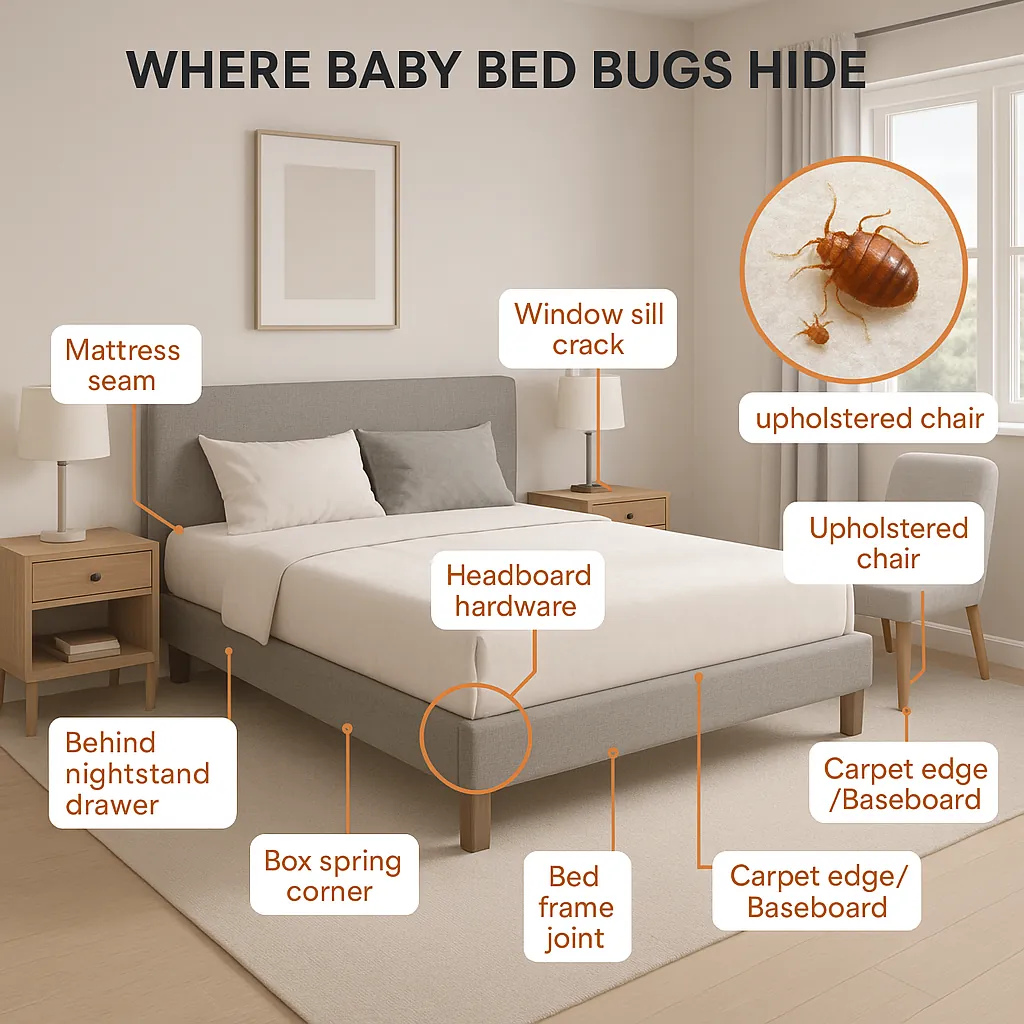Photorealistic diagram of a bedroom showing baby bed bug hiding spots, including mattress seams, outlet cracks, and furniture joints — helps guide targeted inspection.