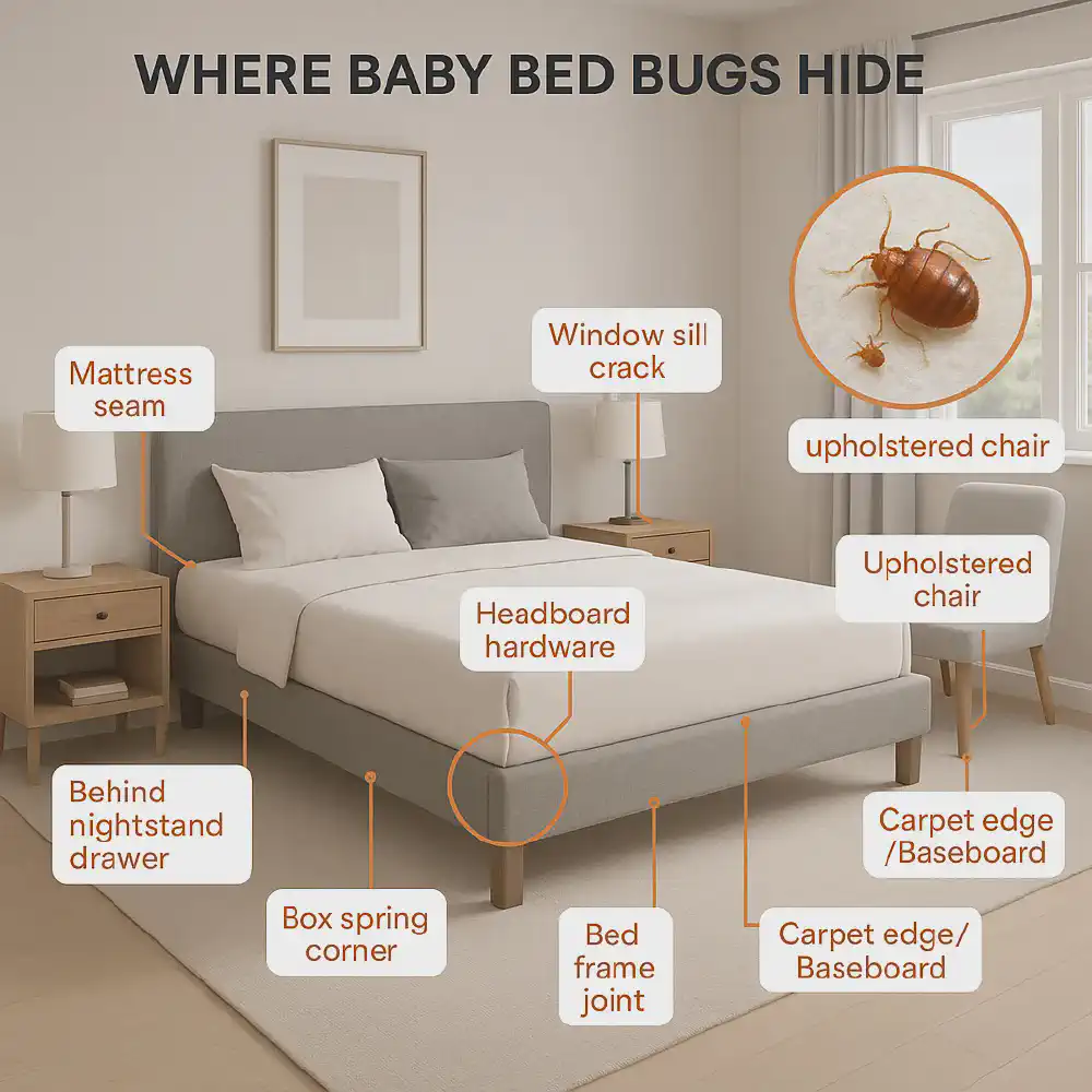 Photorealistic diagram of a bedroom showing baby bed bug hiding spots, including mattress seams, outlet cracks, and furniture joints — helps guide targeted inspection.