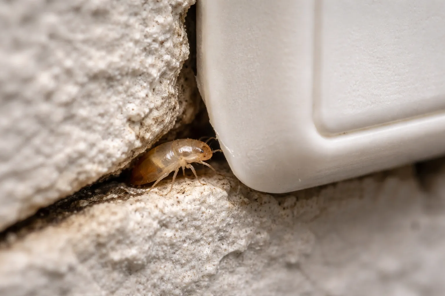 Tiny translucent bed bug nymph hiding in a wall crack behind an outlet cover